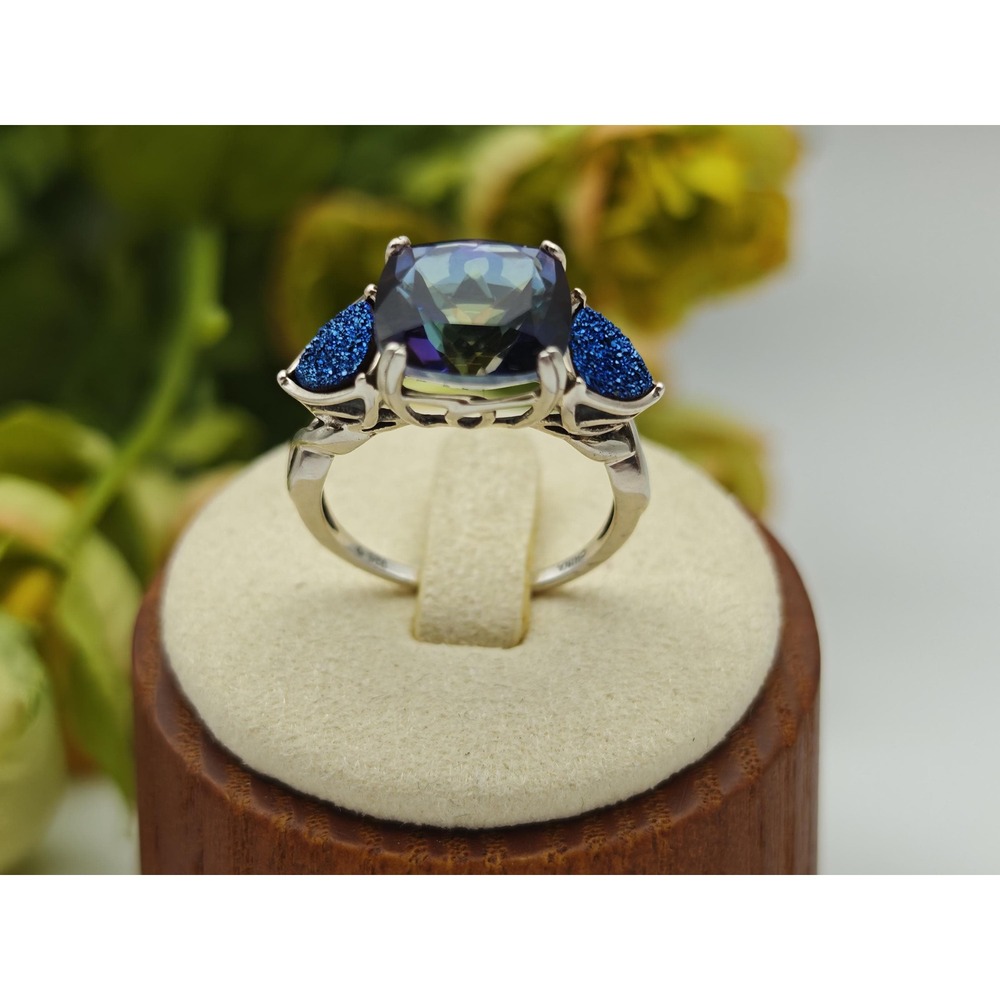 Mystic Topaz Vintage Ring Women Size 7 Blue Sterling Silver Druzy Detailing